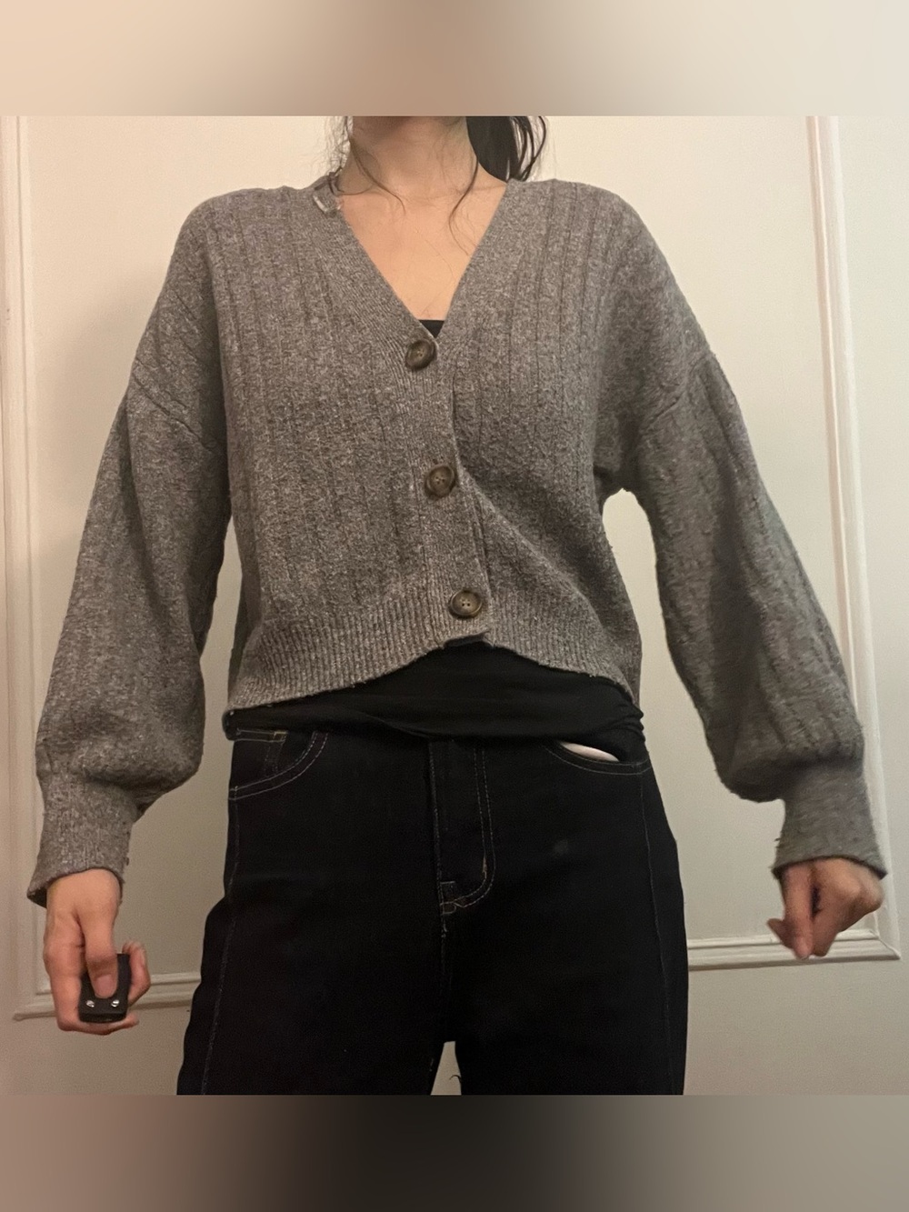 Pink Rose Heather Gray V-Neck Button Cardigan